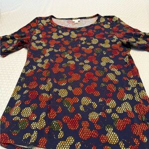 LuLaRoe Navy Top with Red and Green Patterns